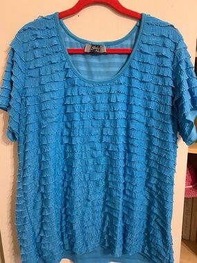 Slinky Brand Bright Turquoise Ruffle-Strip Short Sleeve Top